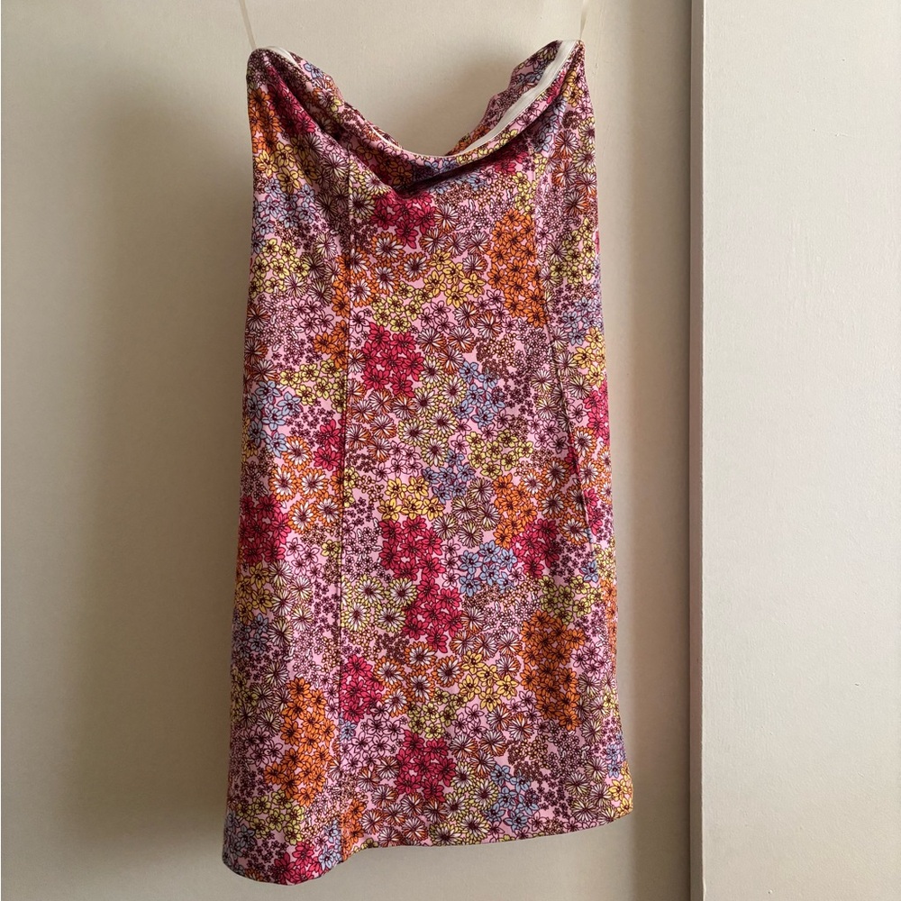 Floral Strapless Midi Dress in Pink Multi